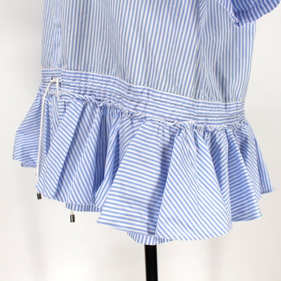 TOME NYC Blue White Pinstripe Drawstring Ruffle Hem Short Sleeve Top 12 Shirt - Picture 4 of 7